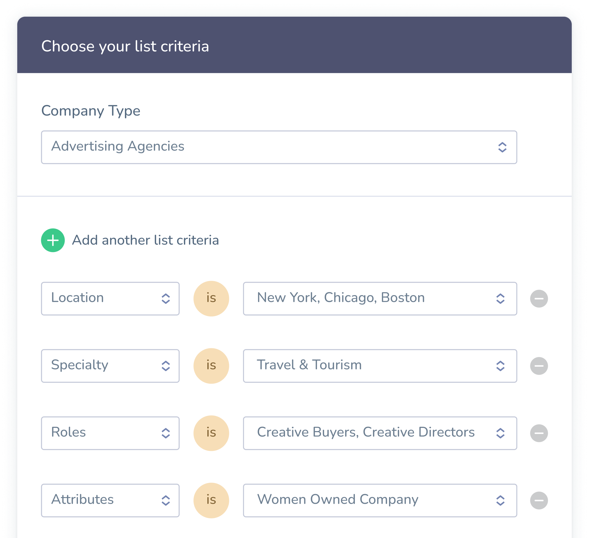 User Interface representing the available criteria used to build mailing lists in the Agency Access List Builder