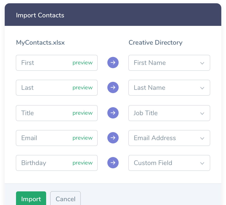 User Interface representing importing personal contacts into the Agency Access Creative Directory