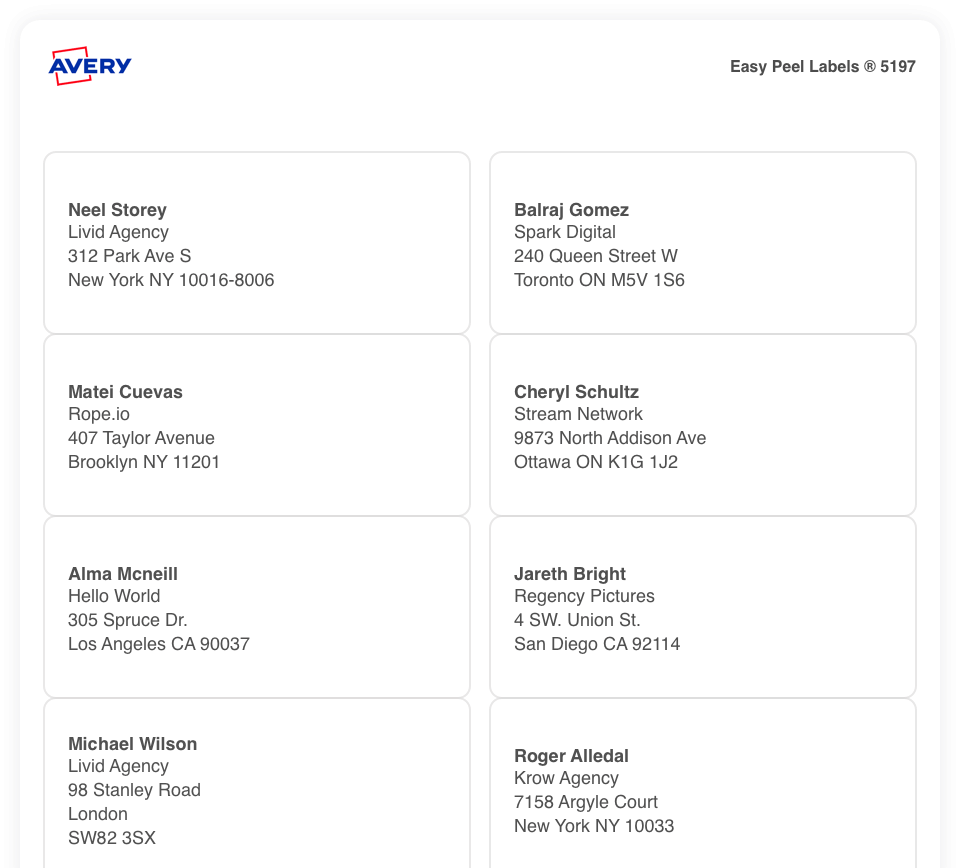 User Interface representing printable mailing labels produced by the Agency Access List Builder