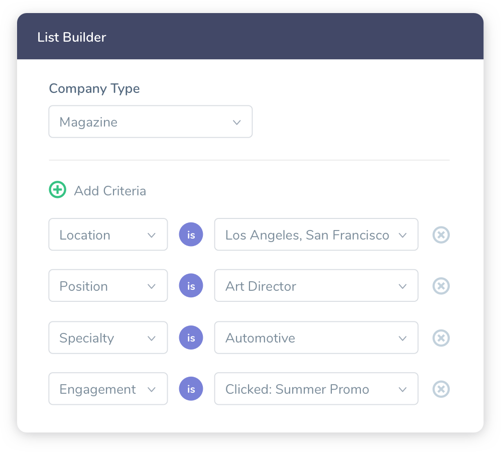 List Builder UI depicting criteria based segments